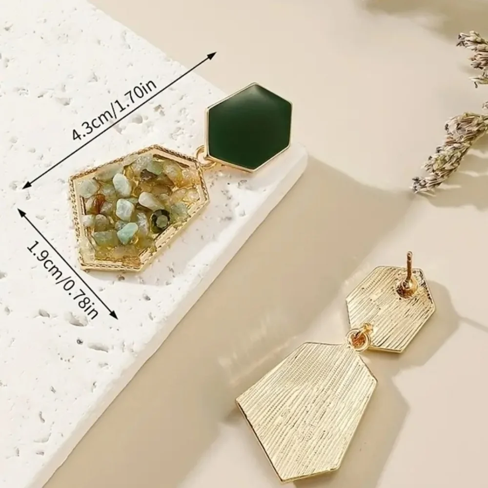 Hexagon Avocado Green Dangle Earrings With Artificial Crystal Decor Retro